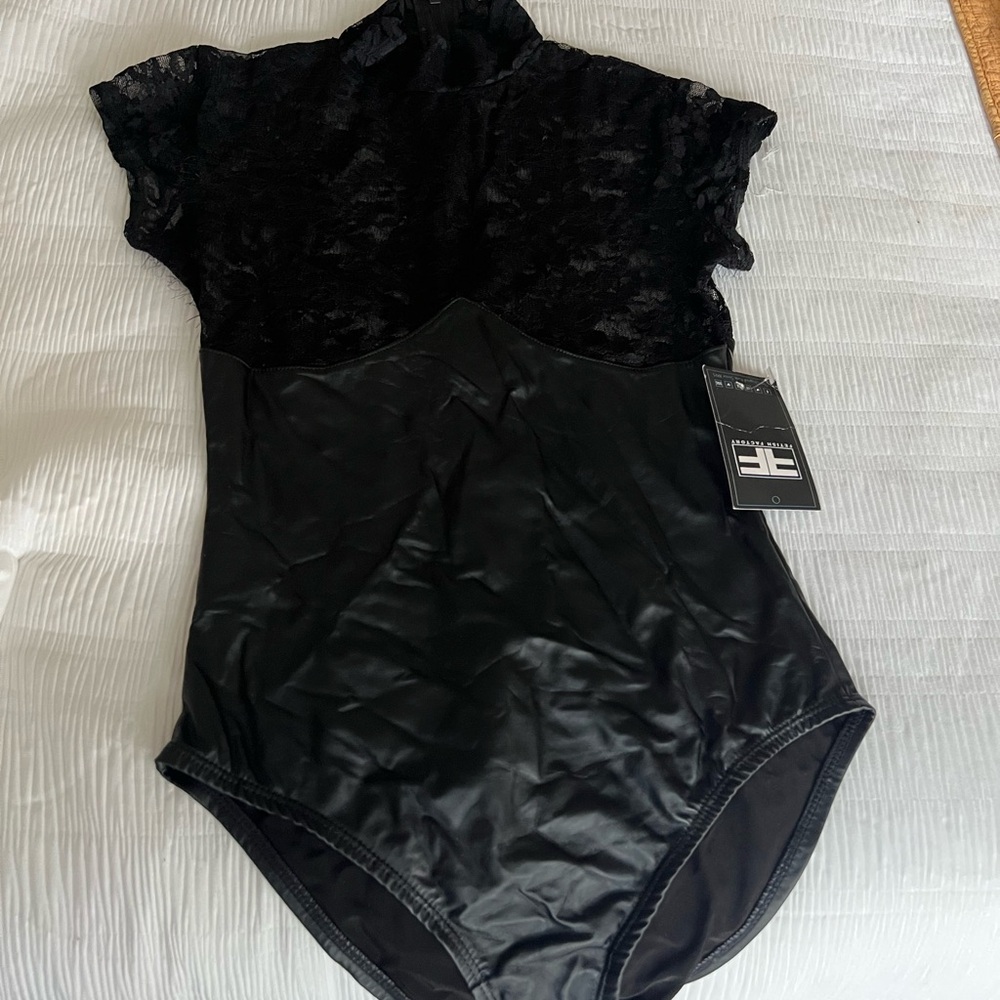 Black Lace and Faux Leather Bodysuit
